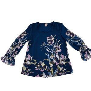 Chicos Blue Floral Long-Sleeve Blouse Size 00P Polyester Spandex Boho Chic Women